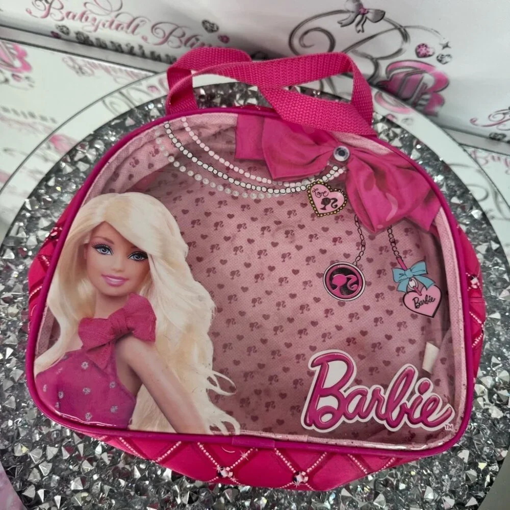 Barbie bag clear mini charm details blonde zip up Glam Pink Cosmetic Bag